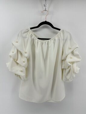 MASSIVE $10 SALE White Tiered Pearl Ruffle Sleeve Off Shoulder Roz & Ali Top